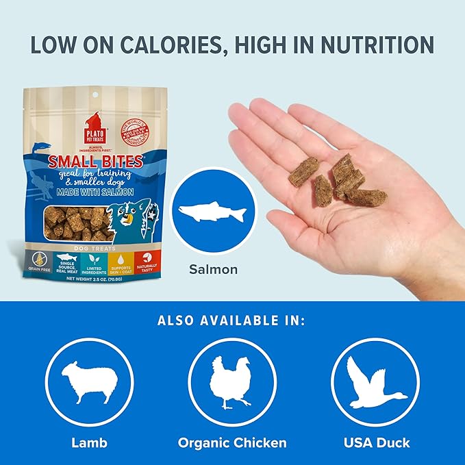 PLATO Small Bites Dog Treats, Natural Bite Sized Real Meat & Salmon Flavor, Grain Free & High in Protein, Air Dried Authentic Ingredients, 2 Calories Per Treat, Made in the USA, 6 Ounces