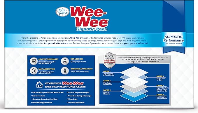 Four Paws Wee-Wee Superior Performance Gigantic Pee Pads for Extra Large Dogs, Leak-Proof Floor Protection Dog & Puppy Quilted Potty Training Pads, Unscented, 27.5" x 44" (50 Count)