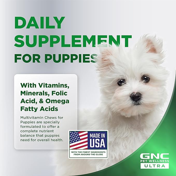GNC Pets Ultra Multivitamin Soft Chews, Puppies, Chicken Flavor. 60-ct in 4.6 Oz Canister | Multivitamins for Puppies in Chicken Flavored Chewables from Pets Ultra
