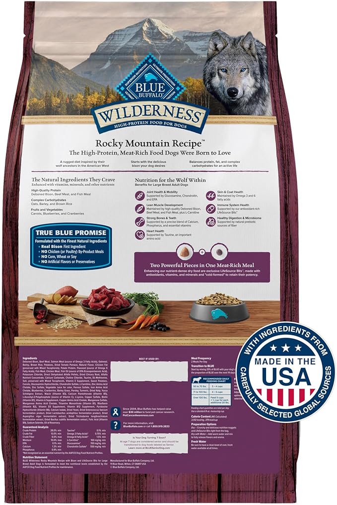 Blue Buffalo Wilderness Rocky Mountain Recipe High Protein Natural Large Breed Adult Dry Dog Food, Bison with Grain 28 lb bag