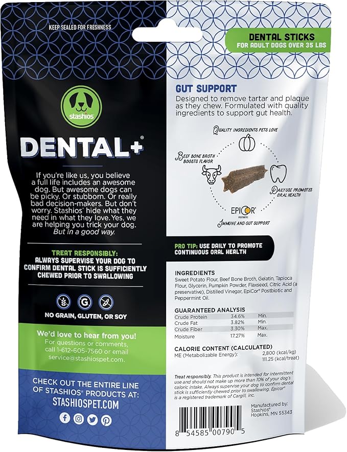 Dental+ Sticks for Dogs Over 35 lbs- Gut Support, with Beef Bone Broth, All Natural, EpiCor postbiotic, Made in The USA, Dental+ Bag, M/L - 11.3 oz.
