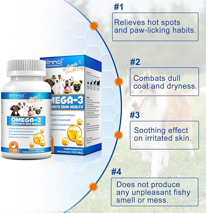 Omega 3 for Dogs, 180P Omega 3 Fish Oil Tablets for Dogs Supports Seasonal Allergies Relief, Itch Skin Relief & Promote Coat Health, Pet Dog Fish Supplements with Omega-3 6 9, Vitamin E - 180 Tablets