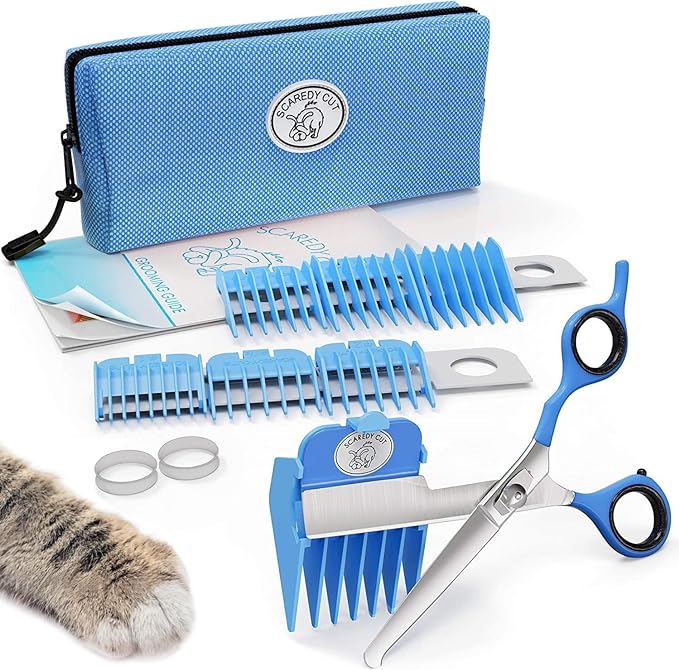 SCAREDY CUT Silent Pet Grooming Kit for Dogs, Cats and all Pet Grooming - A Quiet Alternative to Electric Clippers for Sensitive Pets (Right-Handed Blue)