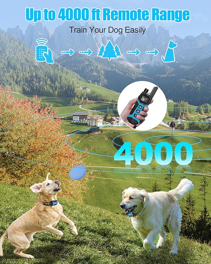 Dog Shock Collar for 2 Dogs- 4000Ft Waterproof Dog Training Collar with Remote for 5-120lbs Small Medium Large Dogs, 3 Channels, Rechargeable E Collars with Beep Vibration Safe Shock Modes (Blue)