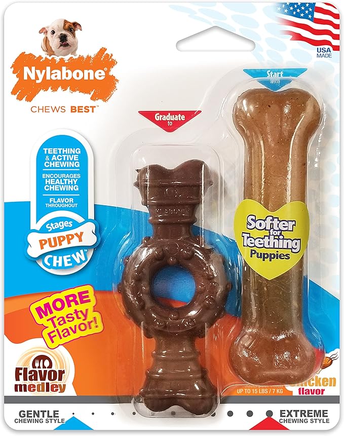 Nylabone Puppy Chew Toy Twin Pack - Puppy Chew Toys for Teething - Puppy Supplies - Medley & Chicken Flavor, X-Small/Petite (2 Count)
