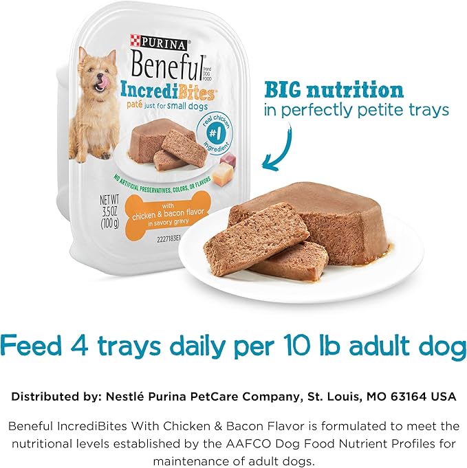 Beneful IncrediBites Pate Wet Dog Food for Small Dogs with Chicken and Bacon Flavor in a Savory Gravy - (Pack of 12) 3.5 oz. Cans