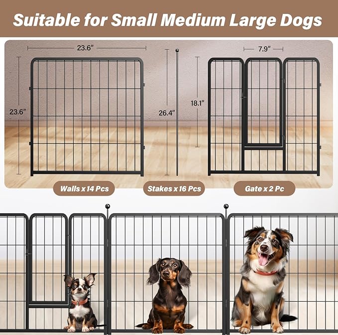 HealSmart Dog Playpen Indoor, Puppy Playpen Indoor for Yard, Camping, 24" Height 16 Panels Heavy Duty Dog Pen for Puppies/Small Dogs, Black