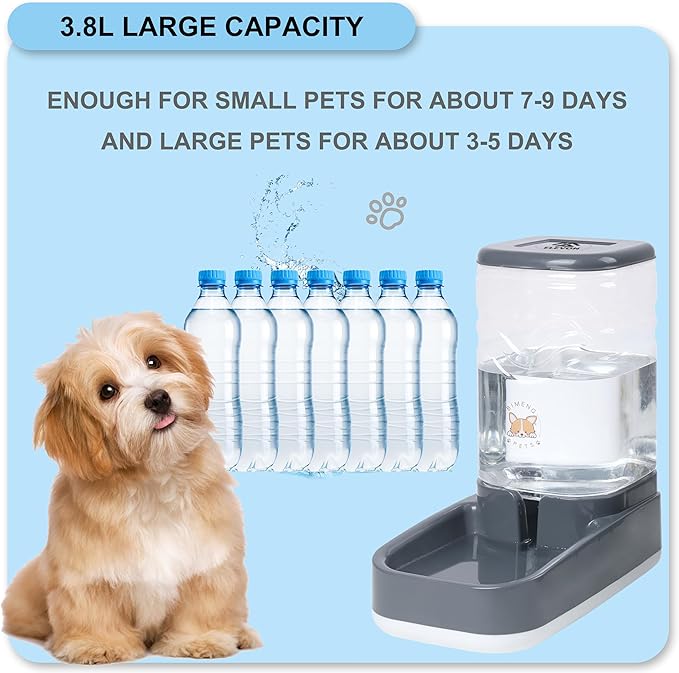 Automatic Pet Water Feeder, 3.8L Gravity Cat Water Dispenser with Cat Water Bowl, Large Capacity Water Feeder for Kitten & Small and Medium-Sized Dogs (Grey)