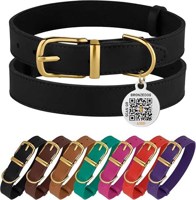 BRONZEDOG Leather Dog Collar with QR ID Tag Basic Pet Collars for Small Mini Dogs Cats Puppies (7-9 Inch (Pack of 1), Black & Gold Buckle)