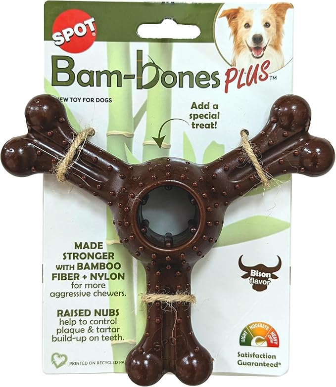 SPOT Bam-Bones Plus Triple Chew - Bamboo Fiber & Nylon, Durable Long Lasting Dog Toy for Aggressive Chewers – Great for Adult Dogs & Teething Puppies Under 90lbs, Non-Splintering, 7in, Bison Flavor