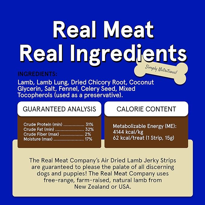 Real Meat Lamb Jerky Dog Treats - 8 Air-Dried Strips of Jerky Treats for Dogs - Grain-Free Jerky Treats Dog Snacks Made up of 95% Human-Grade Free-Range Grass Fed Lamb - All-Natural Dog Jerky Strips