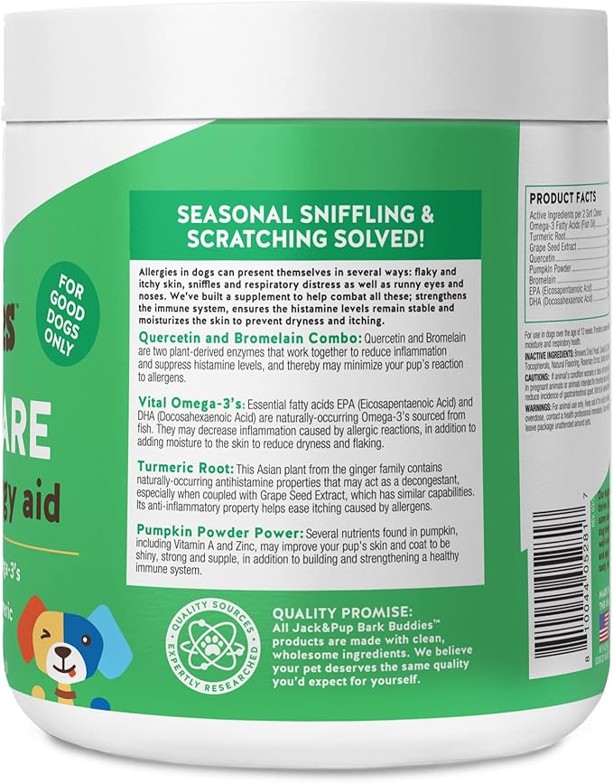 Jack&Pup Dog Allergy Chews - Bark Buddies Aller-Care Soft Chew Bites Itch Relief for Dogs & Allergy Support for Dogs - Dog Immune Supplement, Dog Skin Allergies Treatment and Anti Itch for Dogs 60ct