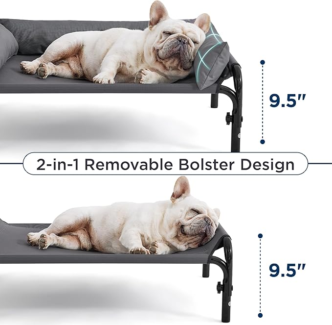 Bedsure Elevated Raised Outdoor Dog Bed - Cooling Dog Cot Bed with Bolster for Medium Dog, Lifted Pet Bed with Durable Breathable Teslin Mesh, Dog Hammock Bed with Non-Slip Feet, Grey, 32 inches
