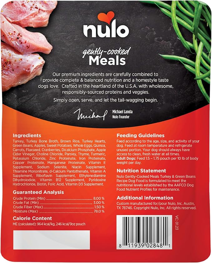 Nulo Gently-Cooked Meals Complete and Balanced Adult Wet Dog Food, Turkey & Green Bean, 9 Ounce, 8 Count