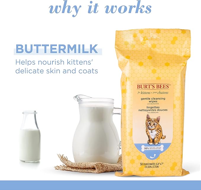 Burt's Bees for Pets Kitten Wipes Wipes - Kitten Wipes for All Cats, Safe for Kittens - Cruelty Free, Formulated without Sulfates and Parabens, pH Balanced for Cats - Made in USA, 50 Count - 6 Pack