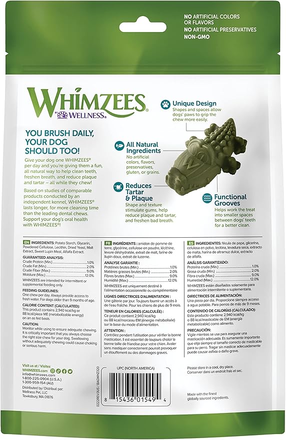 WHIMZEES by Wellness Alligator Natural Dental Chews for Dogs, Long Lasting Treats, Grain-Free, Freshens Breath, Medium Breed, 12 Count