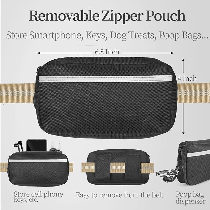 iYoShop Hands Free Dog Leash with Zipper Pouch, Dual Padded Handles and Durable Bungee for Walking, Jogging and Running Your Dog (Large, 25-120 lbs, Khaki)