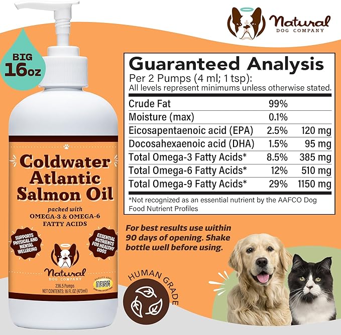 Natural Dog Company Coldwater Atlantic Salmon Oil for Dogs (16oz) - Senior Dog Fish Oil Supplement with Omega 3, Easy to digest for Senior Dog Fish Oil, Liquid Dog fish oil Joint Support Supplement