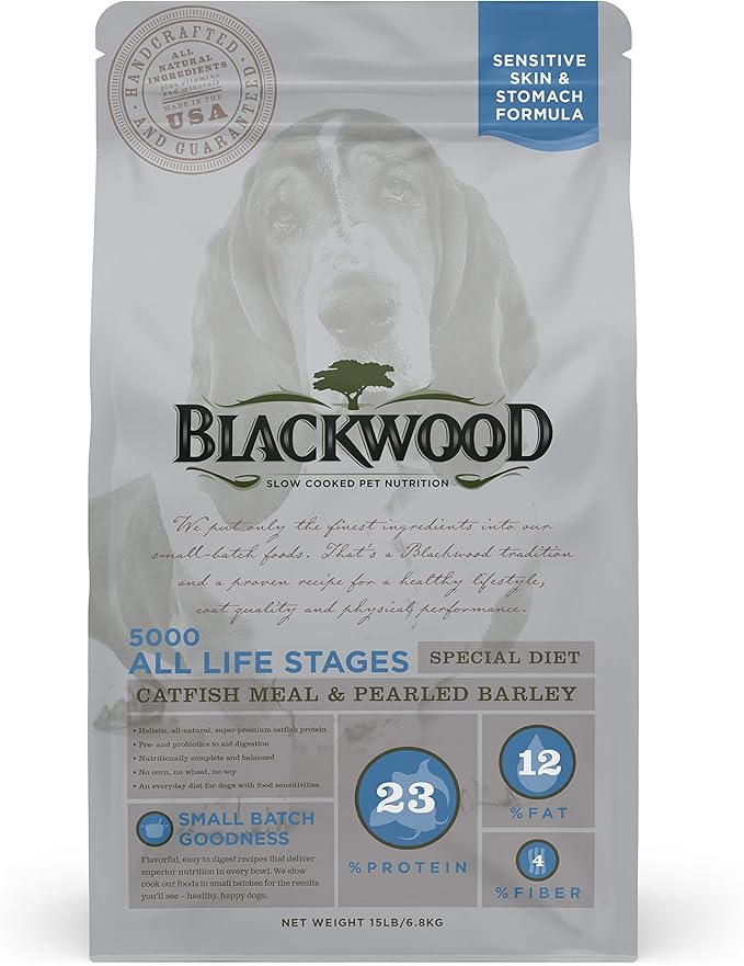 Blackwood Special Diet All Life Stages Dry Dog Food, 15Lb., Catfish & Pearled Barley Recipe, Sensitive Skin and Stomach, Grain Free Dog Food