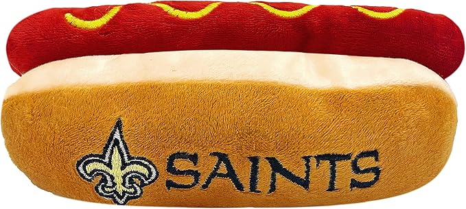 Pets First NFL New Orleans Saints HOT Dog Plush Dog & CAT Squeak Toy - Cutest HOT-Dog Snack Plush Toy for Dogs & Cats with Inner Squeaker & Beautiful Football Team Name/Logo 8 x 5 x 3 Inches