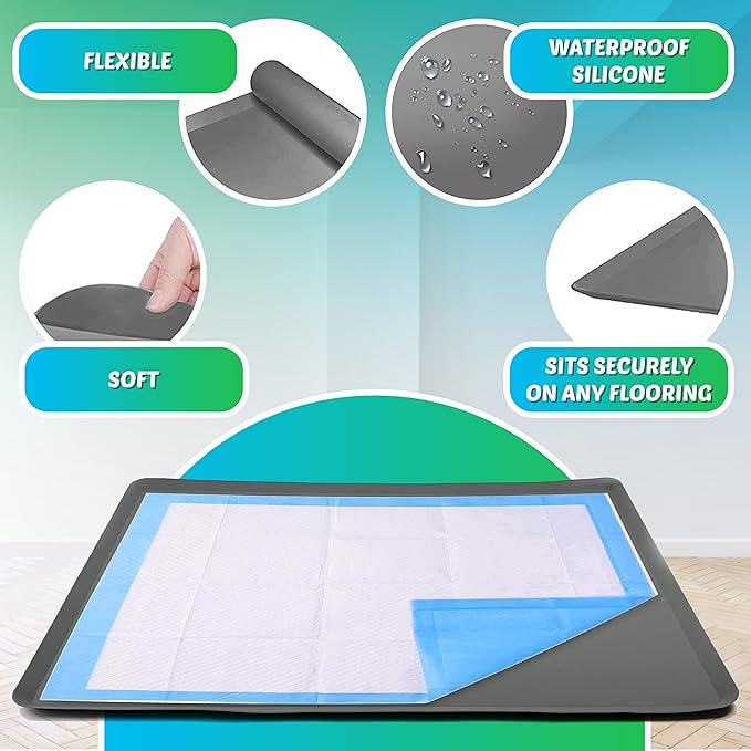 Skywin Dog Pad Holder Tray for 27.5 x 44 Inches Training Pads (Grey) - Easy to Clean and Store Perfect for Dog Potty Tray – Silicon Wee Wee Pad Holder, No Spill Pee Pad Holder for Dogs