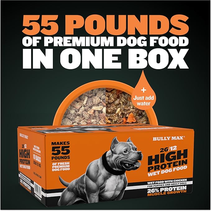 Bully Max Wet Dog Food - Instant Fresh Dehydrated High Protein Food with Chicken - Healthy Muscle Growth for Small and Large Breed Puppy & Adult Dogs - 20 Dry Pounds (Makes 55 lbs. of Wet Dog Food)