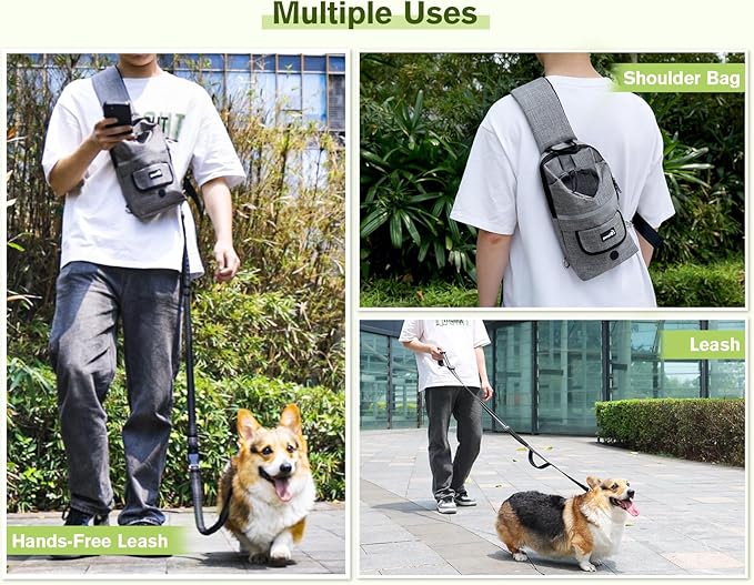 Pecute Hands Free Dog Leash, Multifunctional Crossbody Rope with Bag, Elastic Nylon Double Hands Free Leash with Pouch for Large Dogs, Reflective Shock Absorbing Bungee Walking, Jogging and Running