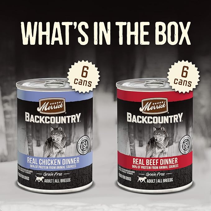 Merrick Backcountry Grain Free Premium Canned Dog Food, Variety Pack, Real Beef and Chicken Dinner Recipes - (Pack of 1) 9.5 lb. Cans