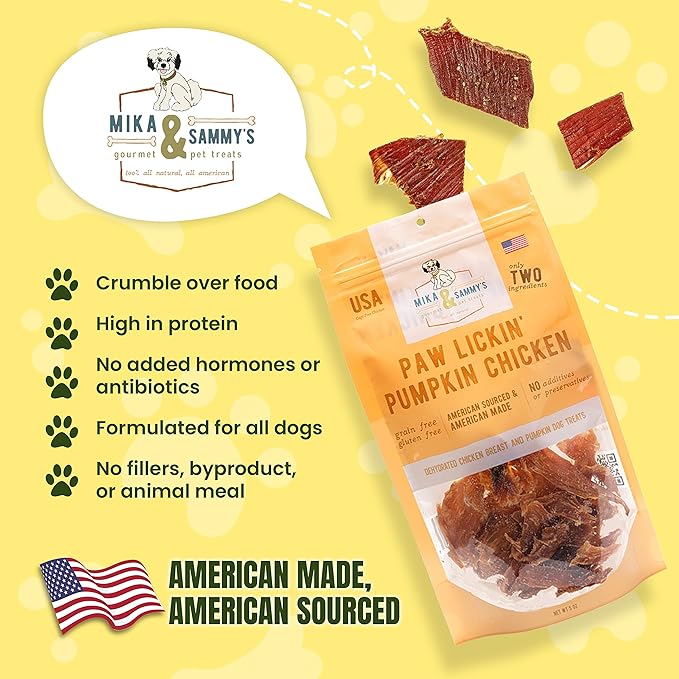 Gourmet Jerky Dog Treats - Natural Dog Treat Chicken Jerky for Dogs, Nutritious and Tasty Dog Jerky Treats Made in USA only, Cage-Free, No Additives (Mika & Sammy's Paw Lickin Pumpkin Chicken 12 oz)