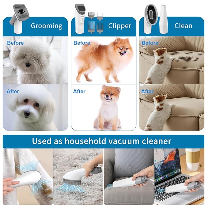 Dog Grooming Vacuum Kit: Pet Grooming Kit for Shedding, 16000PA Powerful Suction 99% Pet Hair, 1.5L Dust Cup and Low Noise Dog Clippers Tools with 4 Combs