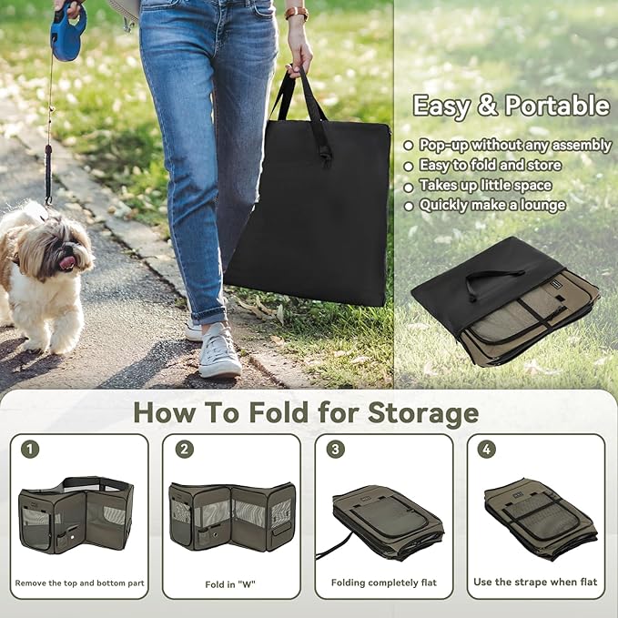 PETSFIT Dog Playpen, 36" Dia Sturdy Foldable Puppy Playpen for Dogs Cats Indoor/Outdoor, Portable Pet Playpen with Carring Case, Removable Mesh Zipper Top and Waterproof Playpen Mat Grey-Black M