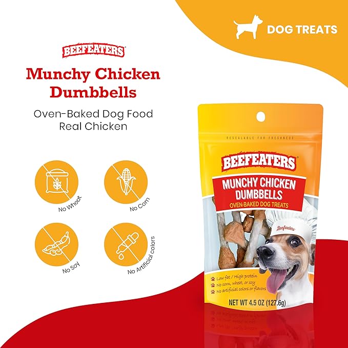 Beefeaters Dog Treats - Munchy Chicken Dumbbells 4.5oz, Case of 6 | Dog Food Savory Real Chicken & Beef Hide Treats | High Protein & Low Fat | Training Treats for All Dog Sizes