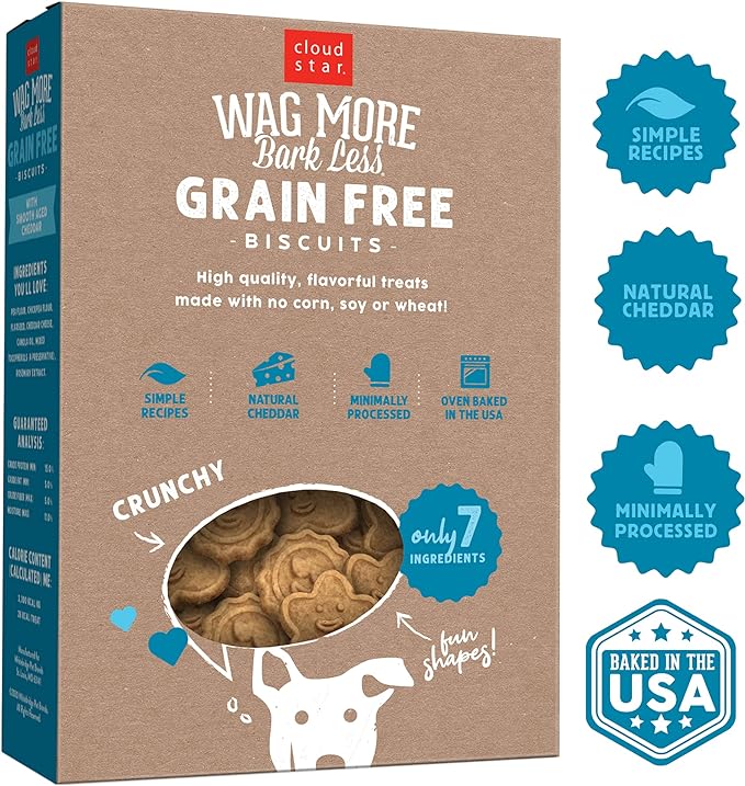 Cloud Star Corp, Wag More Bark Less Oven-Baked Grain Free Smooth Aged Cheddar Dog Biscuits