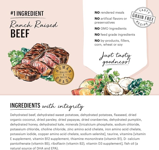 The Honest Kitchen Human Grade Dehydrated Grain Free Dog Food – Complete Meal or Dog Food Topper – Beef 2 lb (makes 8 lbs)