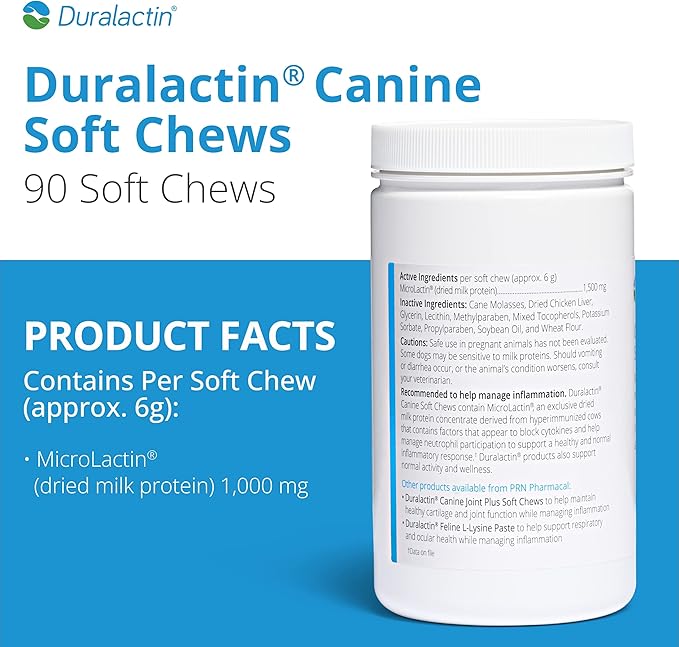 PRN Pharmacal Duralactin Canine Soft Chews - Joint Health Supplement for Dogs & Puppies to Help Reduce Chronic Soreness - Canine Chews Containing Dried Milk Protein - Chicken-Liver Flavor - 90 Chews