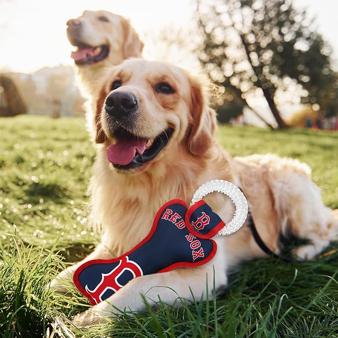 MLB Boston Red Sox Bone Shaped Dental Dog TUG Toy with Squeaker. Tough PET Toy for Healthy Fun, Teething, and Cleaning pet's Teeth and Gum.