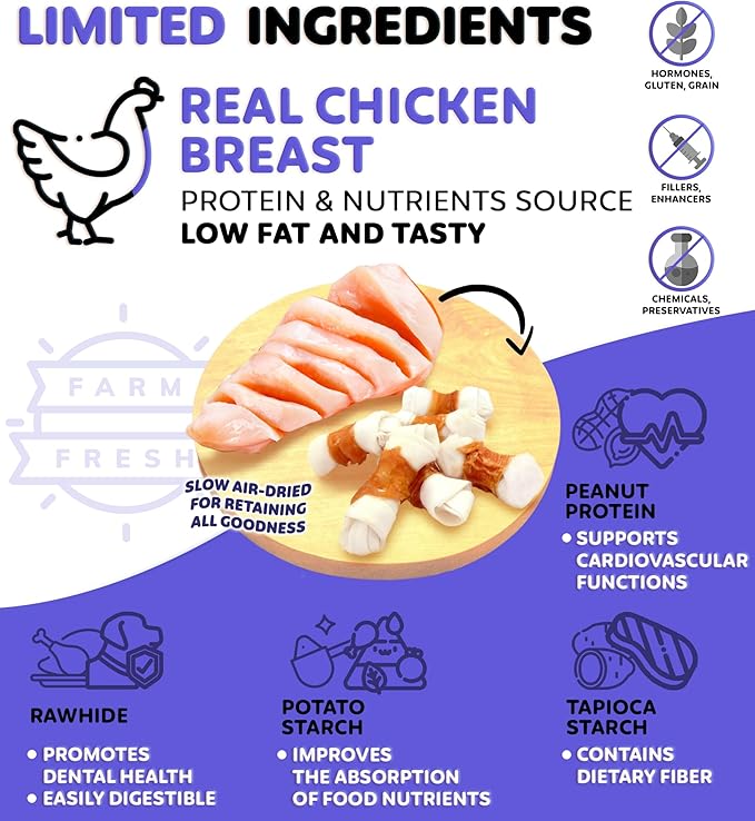 Chicken Wrapped Knotted Rawhide Bones Dog Treats - Dog Dental Health Support, Long-Lasting, Grain Free Canine Treats - Low-Calorie & High-Protein Real Chicken Dog Chews, 12 oz