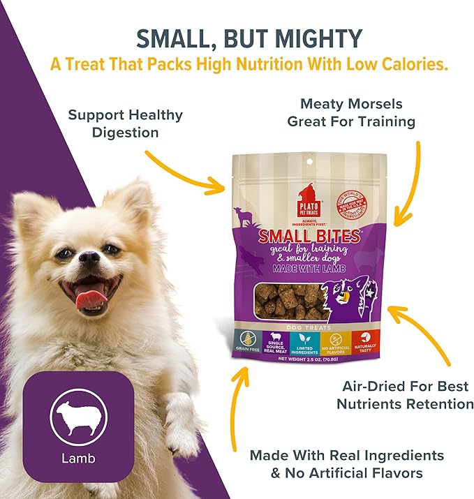 PLATO Pet Treats Air Dried Small Bites Dog Treats, Natural Bite Sized Real Meat & Lamb, Grain Free & High Protein, Made in The USA, 2.5oz