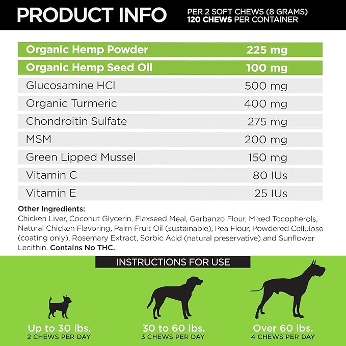 for Dogs | Hip and Joint Supplement for Dog Joint Pain Relief Infused with Organic Hemp Oil, Glucosamine, Chondroitin, Turmeric, MSM to Enhance Mobility, Flexibility & Comfort
