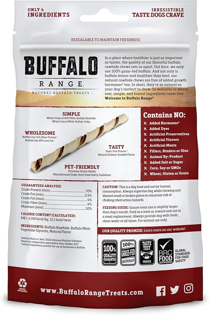 Rawhide Dog Treats | Healthy, Grass-Fed Buffalo Jerky Raw Hide Chews | Hickory Smoked Flavor | Jerky Twist, 16 Count