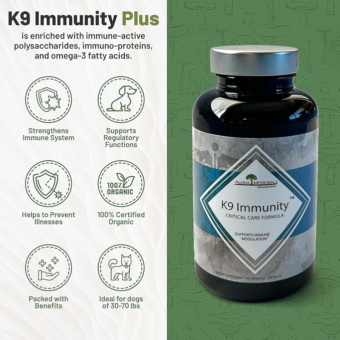 K9 Immunity, Immune Support Supplement for Dogs, Organic and Mushroom Enhanced Dog Health Supplies, Pack of 1, 90 Capsules Each