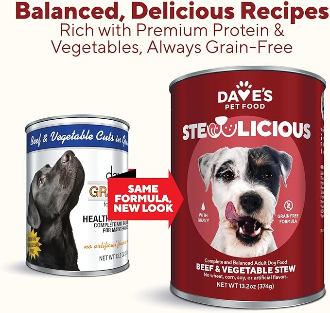 Dave's Pet Food Grain Free Wet Dog Food (Beef & Vegetable in Gravy), Made in USA Naturally Healthy Canned Dog Food, Added Vitamins & Minerals, Wheat & Gluten-Free, 13.2 oz Cans (Case of 12)