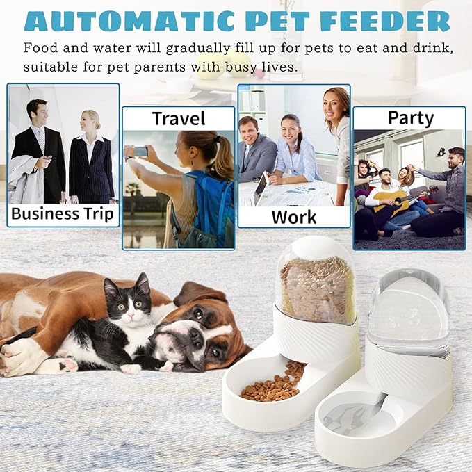 BNOSDM 2 Pcs Gravity Dog Feeder and Water Dispenser, Automatic Dog Cat Food and Water Dispenser Set, Large 3.5 L Pet Self Feeder Station for Indoor Small and Medium Sized Dog, Cats (White)