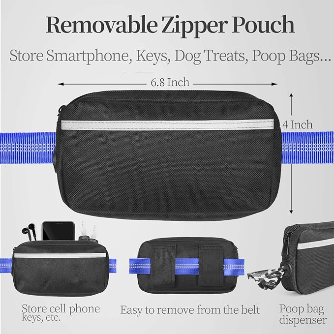 iYoShop Hands Free Dog Leash with Zipper Pouch, Dual Padded Handles and Durable Bungee for Walking, Jogging and Running Your Dog (Large, 25-120 lbs, Royal Blue)