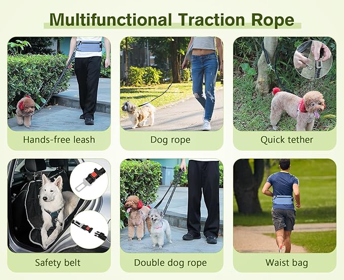 Pecute Hands Free Dog Leash with Pouch, Waist Belt Fanny Pack with Soft Pads, Dual Padded Handles, and Durable Bungee for Walking, Hiking, Jogging Biking, and Running (Up to 220lbs) Blue