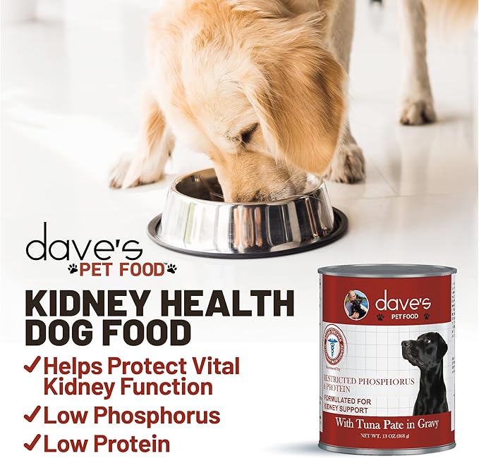 Dave's Pet Food Kidney Support for Dogs with Renal Support (Tuna Pate), Wet Renal Dog Food, Non-Prescription Low Phosphorus, Added Vitamins & Mineral, Vet Formulated (13.2 oz, Pack of 12)