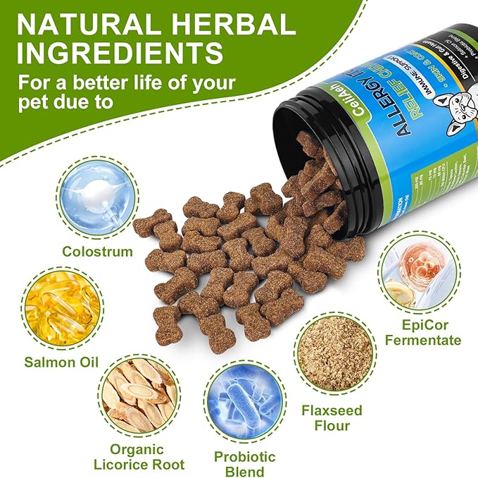 Dog Allergy Relief Chews-Dog Itching Skin Relief Pills -Salmon Oil & Probiotics for Skin Health & Immunity Boost, Supporting Seasonal Allergies & Hot Spot Treatment