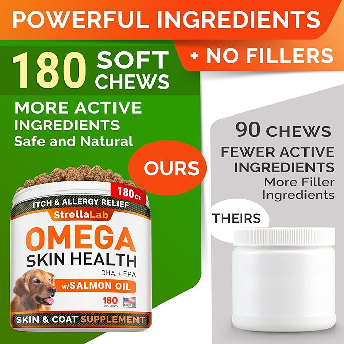 StrellaLab Omega 3 for Dogs - (360Ct) Fish Oil Treats - Allergy & Itch Relief Skin&Coat Supplement - Dry Itchy Skin, Shedding, Hot Spots Treatment, Anti Itch - Pet Salmon Oil Chews - Salmon Flavor