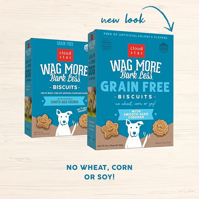 Cloud Star Corp, Wag More Bark Less Oven-Baked Grain Free Smooth Aged Cheddar Dog Biscuits