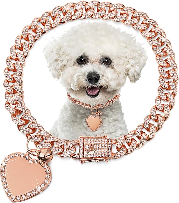 Hillban Dog Chain Rose Gold-plated Diamond Collar with Heart Rhinestones Jewelry Accessories Pet ID Tag Chain Heart Bling Collar with Personalized Name Tag for Small Medium Large Dogs Cats(8 Inch)